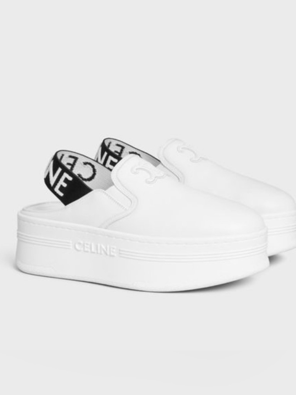 Celine White Leather Platform Slip-On with Black Logo Heel Strap - Picture 1 of 14